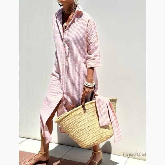 Long Sleeve Button Down Maxi Dress Loose Fit Striped Cotton Casual - Picture 2 of 7